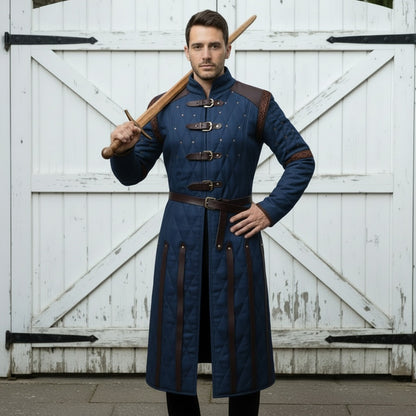 Medieval Gambeson Costume With Brown Leather Trim: Renfaire Larp for Halloween Costume