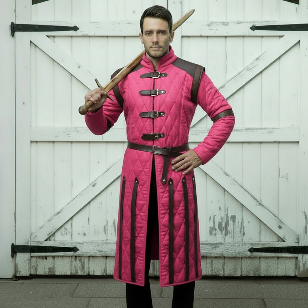 Medieval Gambeson Costume With Brown Leather Trim: Renfaire Larp for Halloween Costume