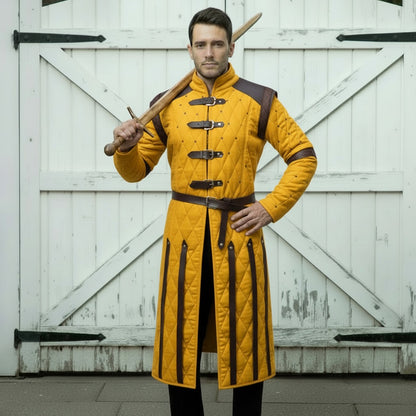 Medieval Gambeson Costume With Brown Leather Trim: Renfaire Larp for Halloween Costume