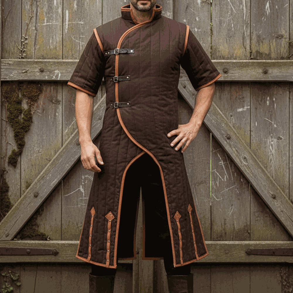 Medieval gambeson costume with brown leather trim front view LARP renaissance fair armor