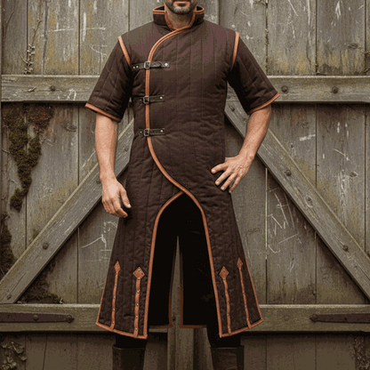 Medieval gambeson costume with brown leather trim front view LARP renaissance fair armor