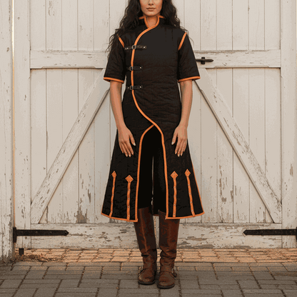 Side view medieval gambeson with brown leather trim cotton padded armor tunic