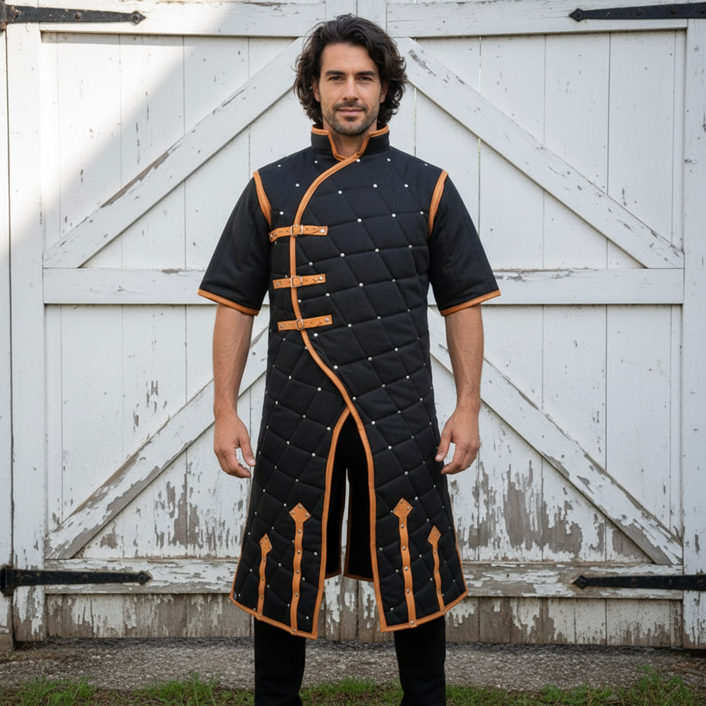 Medieval Gambeson With Brown Leather Trim: Ren faire  Costume