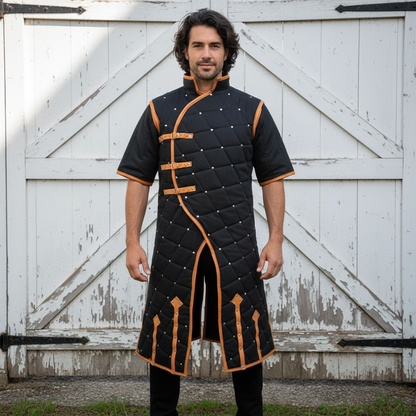 Medieval Gambeson With Brown Leather Trim: Ren faire  Costume