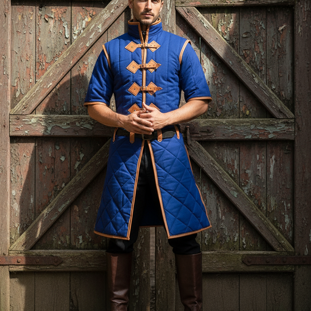 Medieval Padded Cotton Gambeson: Royal Blue with Tan Leather Trim, Renfaire Costume