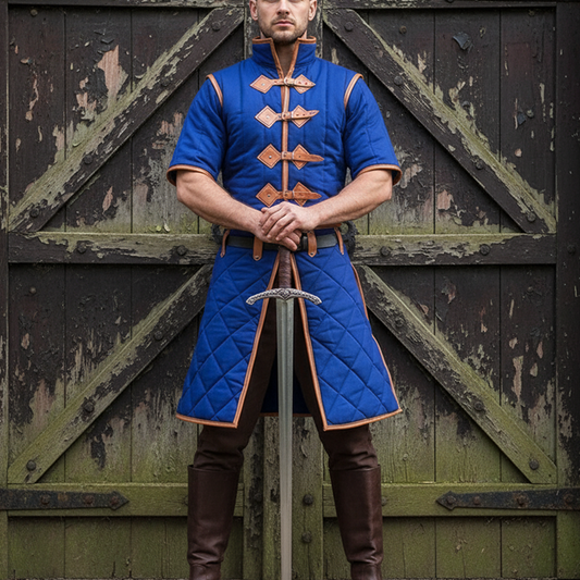 Medieval Padded Cotton Gambeson: Royal Blue with Tan Leather Trim, Renfaire Costume