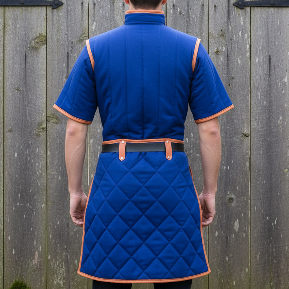 Medieval Padded Cotton Gambeson: Royal Blue with Tan Leather Trim, Renfaire Costume