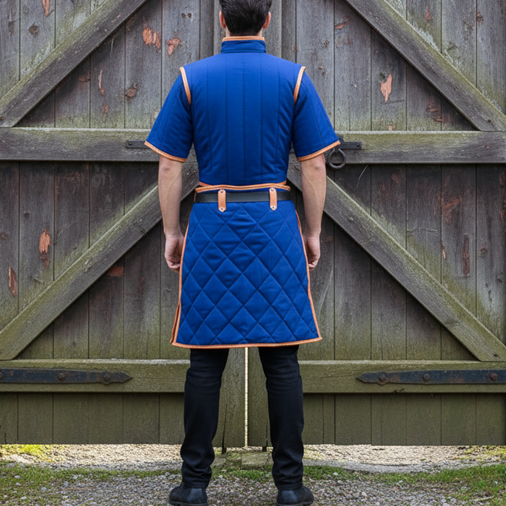 Medieval Padded Cotton Gambeson: Royal Blue with Tan Leather Trim, Renfaire Costume