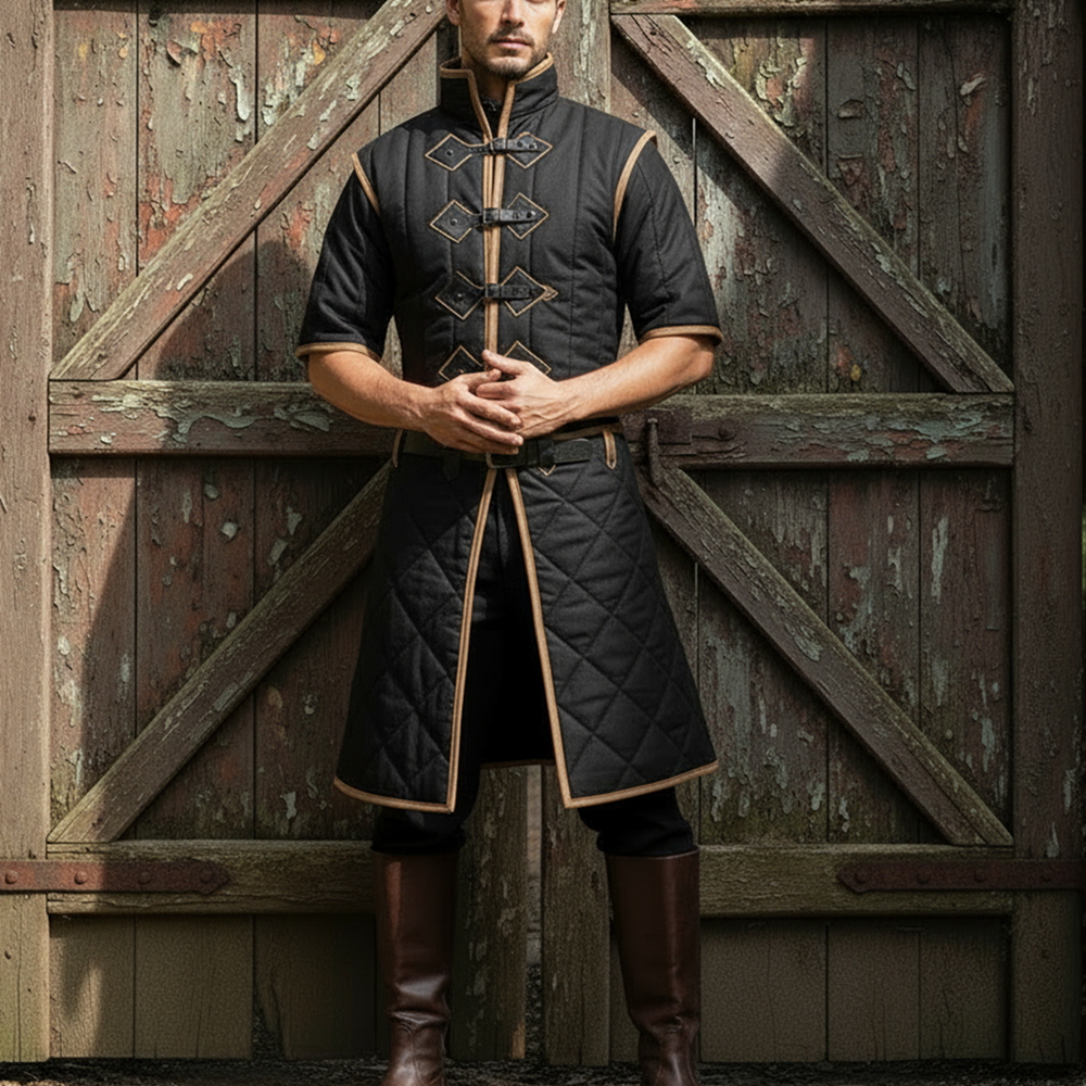 Medieval Padded Cotton Gambeson: Royal Blue with Tan Leather Trim, Renfaire Costume