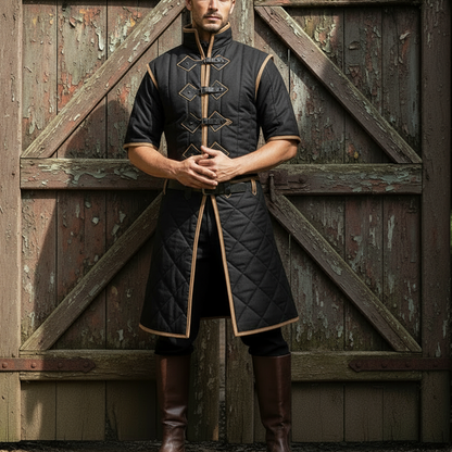 Medieval Padded Cotton Gambeson: Royal Blue with Tan Leather Trim, Renfaire Costume