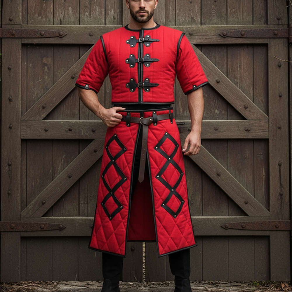 Medieval Gambeson Costume : Brown Leather Trim, Ren faire Armour for event