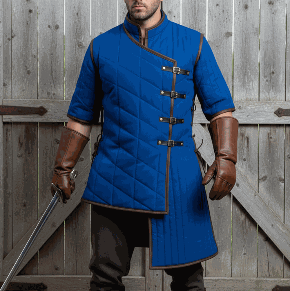 Royal blue Ren Faire gambeson front view padded medieval costume