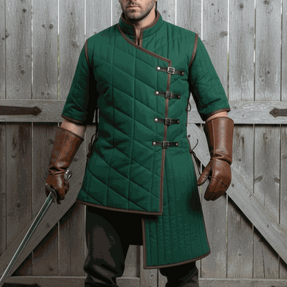 Green Ren Faire gambeson front view padded medieval armor costume with brown trim