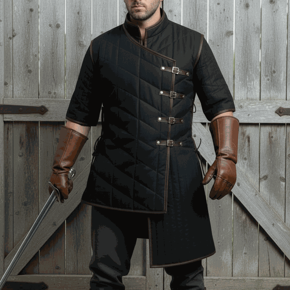 Black medieval gambeson front view padded armor cosplay costume