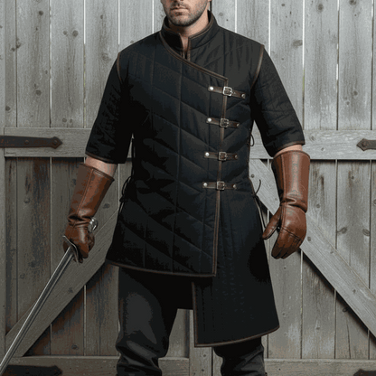 Black medieval gambeson front view padded armor cosplay costume