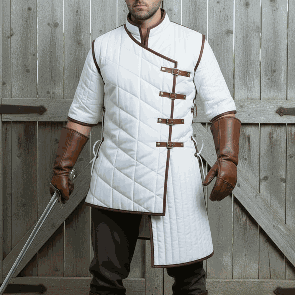 White medieval gambeson front view Renaissance fair padded costume tunic