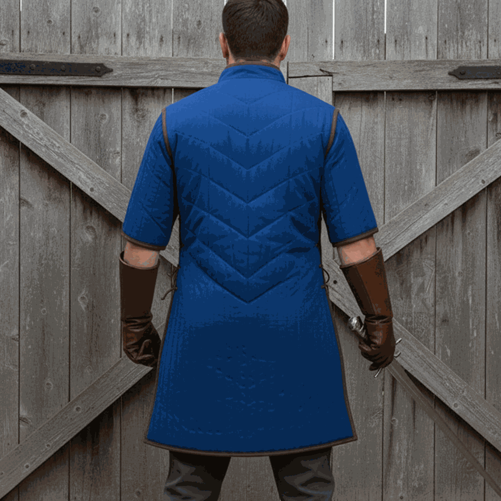 Blue Ren Faire gambeson back view padded armor tunic LARP costume