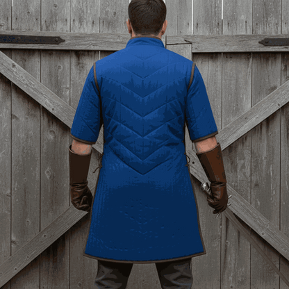 Blue Ren Faire gambeson back view padded armor tunic LARP costume