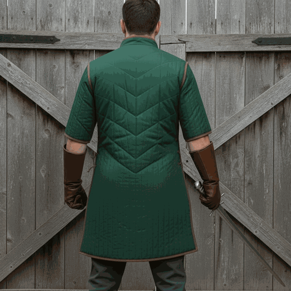Green gambeson back view padded medieval armor tunic for reenactment