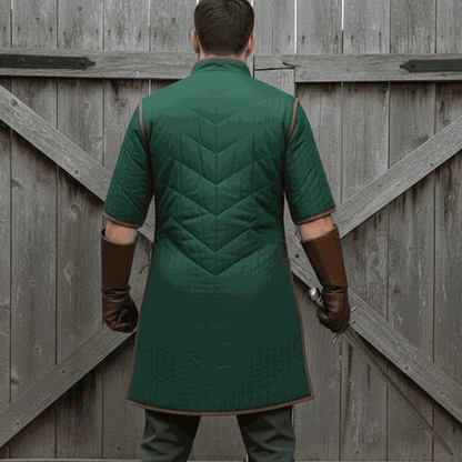 Green gambeson back view padded medieval armor tunic for reenactment