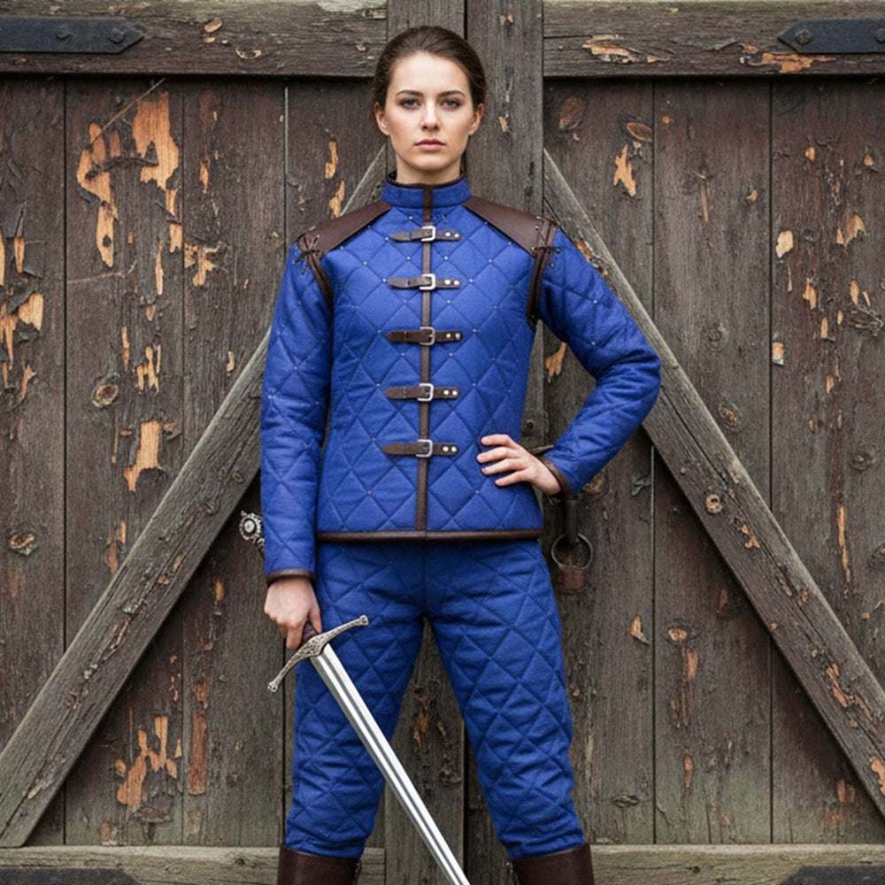 Female medieval gambeson blue with leather trim front view LARP costume