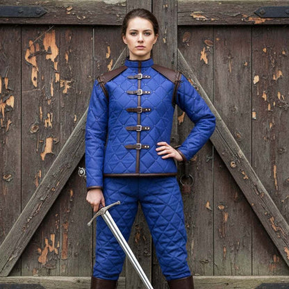 Female medieval gambeson blue with leather trim front view LARP costume