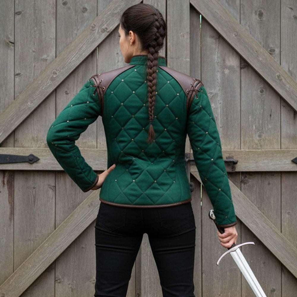 Female medieval gambeson green back view leather trim reenactment outfit  