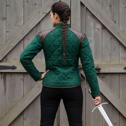 Female medieval gambeson green back view leather trim reenactment outfit  