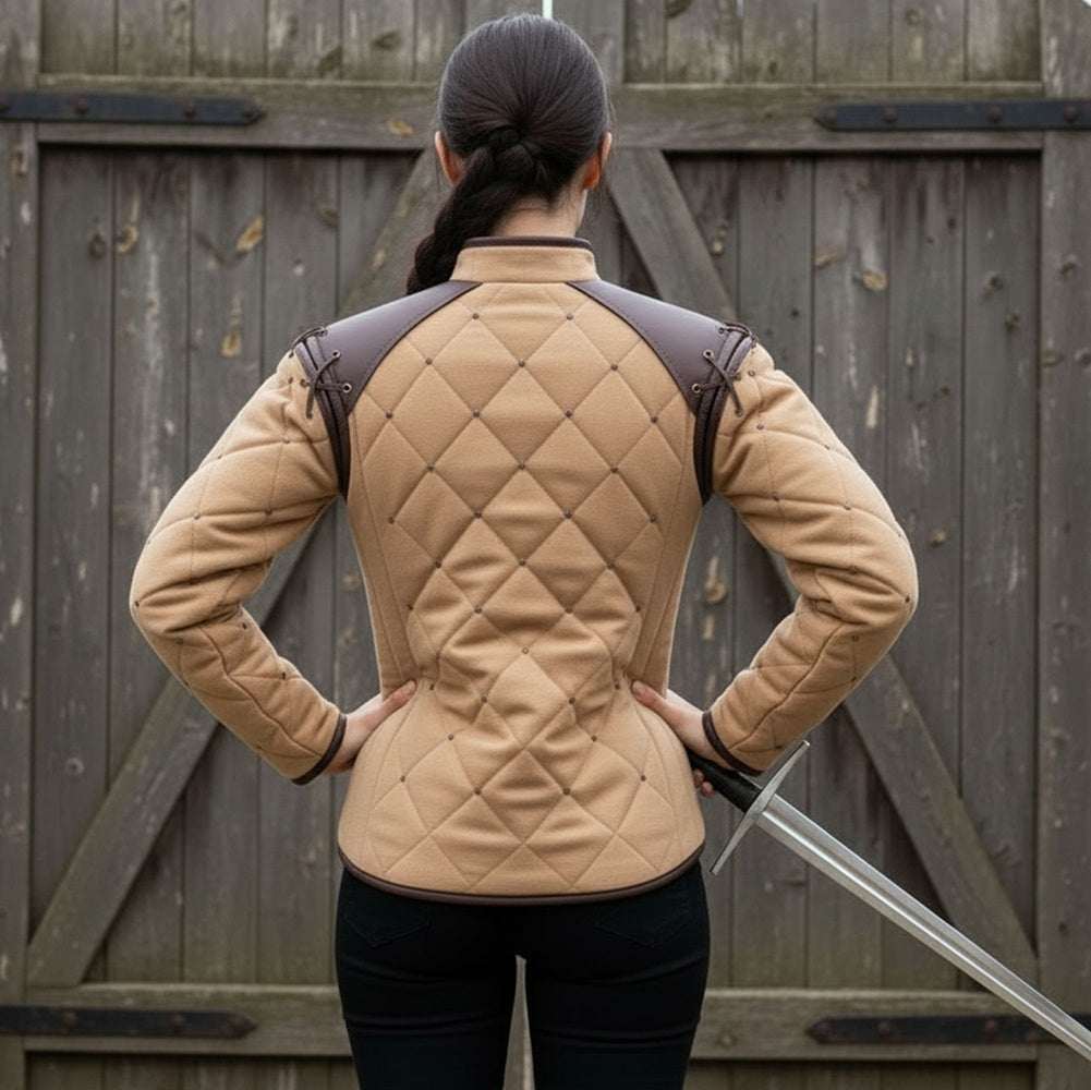 Beige female gambeson rear view medieval armor cosplay costume