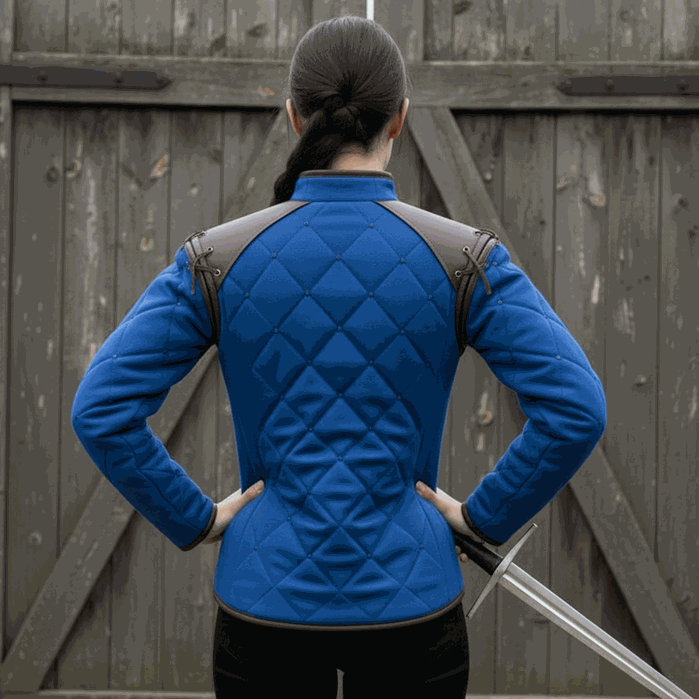 Blue female medieval gambeson back view padded armor tunic cosplay