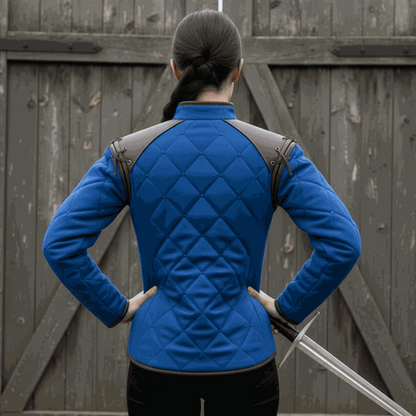 Blue female medieval gambeson back view padded armor tunic cosplay